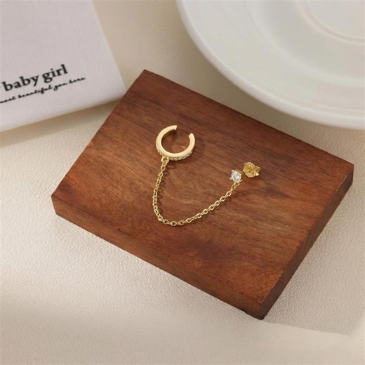 Gold CZ Chain Ear Cuff, Sterling Silver Stud Earrings - Etsy