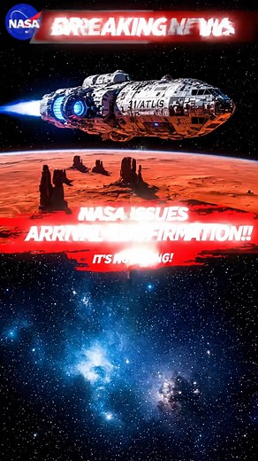 This image appears to be a digitally manipulated or fictional depiction combining elements of science fiction and sensationalized “breaking news” style graphics. The top section shows a massive spacecraft labeled “31/ATLAS”, hovering over a desert-like planet — a clear reference to popular depictions of alien motherships in movies and games. The text “NASA ISSUES ARRIVAL CONFIRMATION!!” and “IT’S HAPPENING!” suggests a fake news headline commonly seen in online conspiracy content about UFOs. The