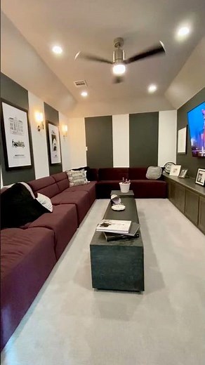 Home Theater Media Room Design with Gray and White Striped Walls and Purple Decor - Model Home Tour