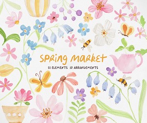 SPRING MARKET, Watercolor Spring Flower, Spring Flower Clipart, Watercolor Spring Clipart, Mother's Day Clipart, Moms Day - Etsy