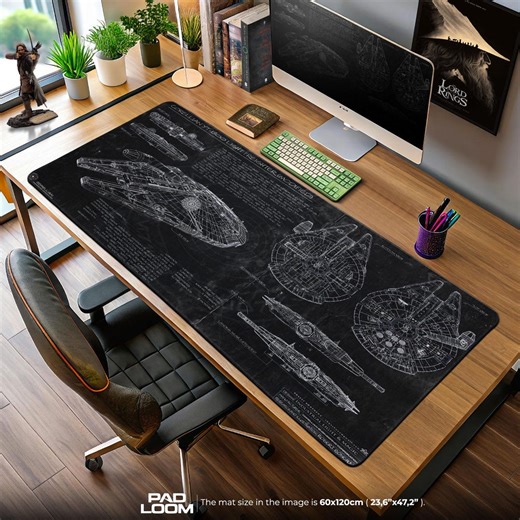 Star Wars Mouse Pad, Millennium Falcon Dark Desk Mat, Grayscale Blueprint XXL Mousepad, Sci-fi Gaming Setup, Tech Schematic Gift