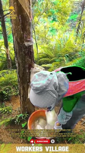 process of tapping sap from a tree, most likely a rubber tree or some other type of resin-producing