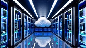 Cloud computing concept with server racks and cloud in data center.