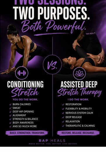 Two different sessions. Two different purposes. Both powerful. 🌱 Conditioning Stretch This is where YOU do the work. You’ll move, engage, and activate your body. Expect to sweat, burn calories, and build strength. This session focuses on: • Deep hip opening • Alignment • Strength & balance • Body awareness • Control over your movement It’s intentional work that trains your body to move better, not just feel better. Assisted Deep Stretch Therapy This is where I do the work. You’re relaxed on the
