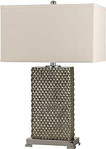 Benjara BM224815 3 Way Table Lamp with Studded Diamond Pattern Ceramic Base, Cream and Gold