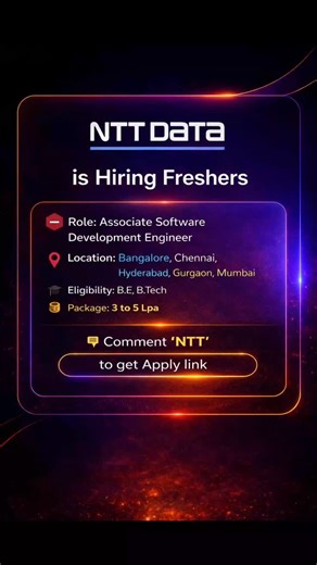 Jumde Akshay Kumar-Jak on Instagram: "NTT Data is hiring #Freshers for Associate #Software Development Engineer. Location: Banglore, Chennai, Hyderabad, Gurgaon, Mumbai Eligibility: - Bachelor's degree or equivalent in computer science or software engineering or related field. - Certification in various programming languages, for example (but not limited to) Java, Perl, Python, C++ preferred. - Scrum / Project Management certification preferred. #NTTData"