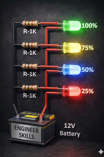 12V Battery Level Indicator Circuit | LED Battery Status (25%–100%)