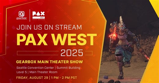 We're going LIVE from PAX West in just under an hour! We'll be chatting more about Borderlands 4 with our devs and sharing some @riskofraingame updates. Tune in now! Twitch: https://www.twitch.tv/gearboxofficial YouTube: www.youtube.com/@gearboxofficial | Gearbox