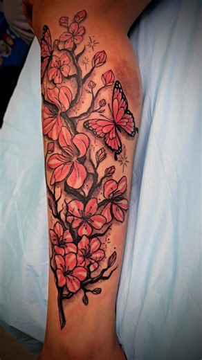 Cherry blossom leg tattoo 🌸🌸🌸🌸 By Chelsea A Wilson Pebbles Ink An Piercing LLC | Pebbles Ink An Piercing LLC