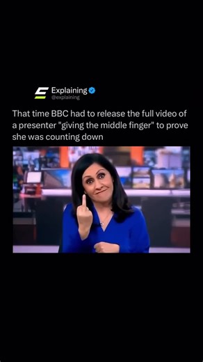 Explaining on Instagram: "In 2023, a BBC News presenter went viral after an unexpected moment slipped onto live television. As the midday bulletin began, the camera cut to the studio a second earlier than planned. During the countdown, she had been joking with the crew and holding up her fingers to match the numbers. When the count reached one, she playfully raised her middle finger, not realizing she was already on air. The broadcast opened with that brief moment before she immediately switched