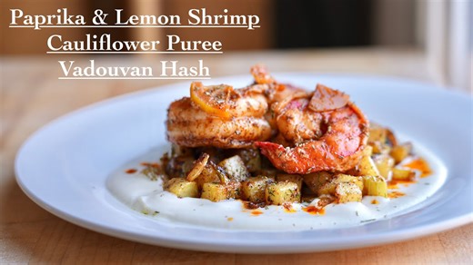 Paprika and lemon shrimp with cauliflower purée is comfort food with a twist