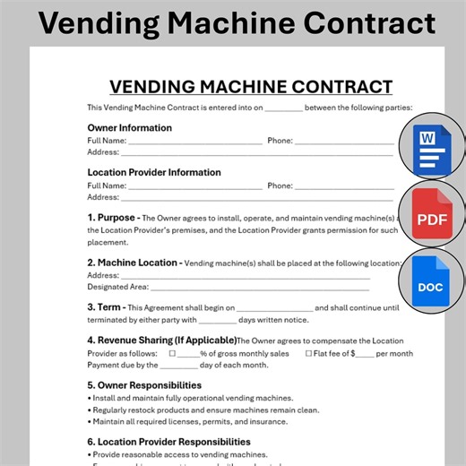 Editable Vending Machine Contract Template, Single Page Vending Rental Form, Printable Snack Machine Supply Form, Vending Terms Partnership - Etsy Australia