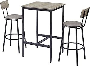 Tiophome Bar Table Set with 2 Bar Stools PU Soft Seat with Backrest and Footrest,Modern Armless Kitchen Island Stool with Upholstered Cushion for Dining Room,Solid and Stable,Easy to Assemble,Grey