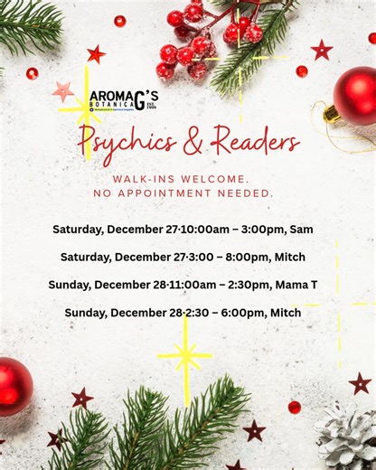 🔮 The cards are calling (and other divination methods)... are you ready to hear what they have to say? 🔮 This weekend at aromaG’s Botanica, our gifted psychics and diviners are here to guide you—no appointment needed! ✨ Just walk in, check in at the front, and get your name on the list. (First come, first served!) 📜🖋️ Come get the clarity, insight, and magic you’ve been waiting for. 🌟 Check out this weekend's lineup and find your reader! #PsychicReadings #TarotMagic #aromaGsBotanica #WalkIn