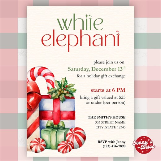 Simple White Elephant Holiday Party Invitation | Easy DIY Canva Template (digital Download) - Etsy