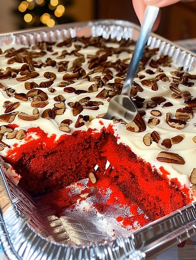 35K views · 238 reactions | Southern Red Velvet Sheet Cake with Cream Cheese Frosting & Toasted Pecans A festive classic—velvety red cake topped with tangy cream cheese frosting and crunchy pecans. Yield: 12–15 servings | Temp: 350°F (175°C) | Time: 45 minutes Key Ingredients First: 2 ½ cups all-purpose flour 1 cup buttermilk 2 tbsp unsweetened cocoa powder 1 oz red food coloring ................................. Full Recipe in First Cօʍʍеոτ  | Kitchen Pop | Facebook