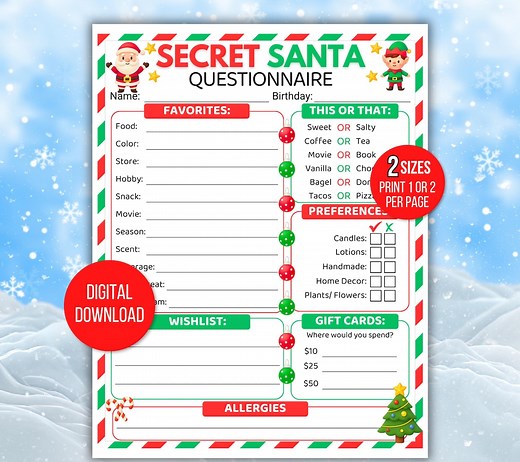 Secret Santa Questionnaire, Printable Secret Santa Questions, Gift Exchange Questionnaire, Christmas Party, Work Secret Santa Questionnaire - Etsy