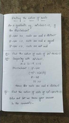 Nature of roots - Quadratic Equations - Class 10 - Mathematics