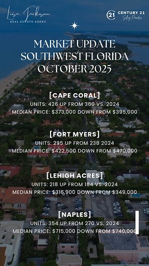 🚨 SWFL Market Alert: October 2025! (Under 280 Characters) MORE SALES, LOWER PRICES across SWFL! 🚀 Single-Family SOLD units UP in all four cities, while Median Prices softened. Great time to buy/sell! DM for details. #SWFL #RealEstate #MarketUpdate #lisajacksonsellsfl | Lisa Jackson Real Estate Professional
