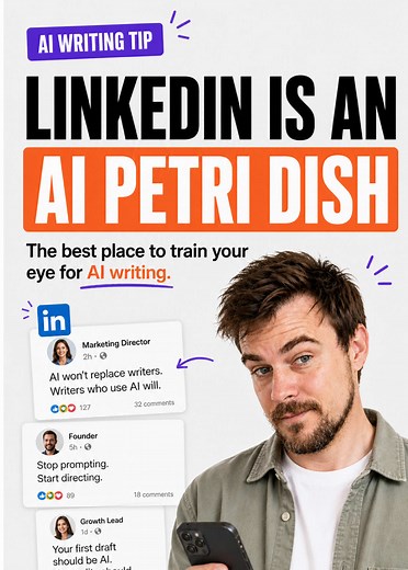 LinkedIn is the best place on the internet to train your eye for AI writing. ➡️ The posts are AI. ➡️ The comments are AI. ➡️ The replies to the comments are also AI. It's bots all the way down. Open the app. Scroll for two minutes. Count how many 'great post!' comments you find. Count how many posts open with 'I just had a powerful conversation with a founder...' Count how many 'it's not X, it's Y' structures you spot. It's an AI petri dish. Once your eye is trained on LinkedIn, you'll start spo