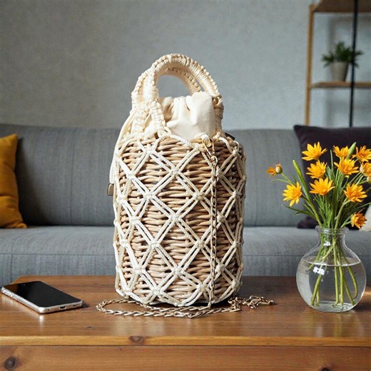 Woven Wicker Bucket Bag with Macrame, Handmade Boho Beige Handbag, Summer Eco Gift