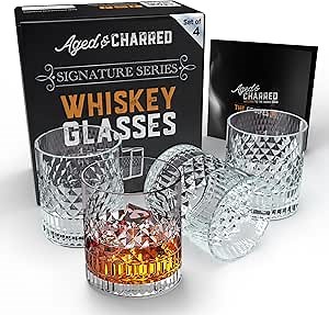 Aged & Charred Lead-Free Crystal Whiskey Glasses With Heavy Base (Set of 4) - 11 Oz Rocks Barware for Old Fashioned, Bourbon, and Cocktail Drinks - Premium Whiskey Bourbon Gift for Men