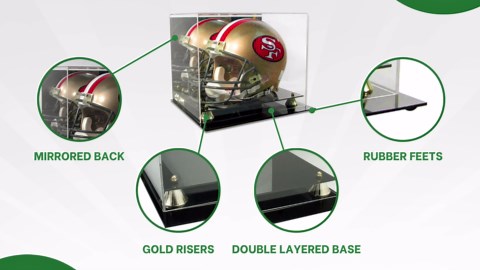 Football Helmet Display Case Full Size | Crystal Clear Acrylic Display Case | Dual Layered Black Base Helmet Case with Gold Risers | Counter Helmet Display | No Assembly Required