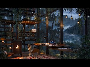 Cozy Loft Study Room in a Mountain Forest - Rain and Fireplace Sounds for Focus and Relaxation