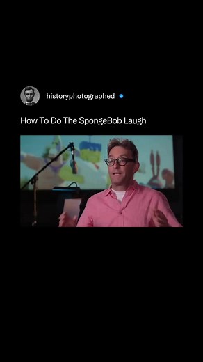 History Photographed on Instagram: "Tom Kenny, the voice of SpongeBob SquarePants, demonstrates how he creates the character's iconic laugh.⁠ ⁠ He lightly hits his throat with his hand while forcing out a high-pitched, rhythmic chuckle. ⁠ ⁠ This unique technique helps create the uncontrollable, joyful sound that has become so famous."