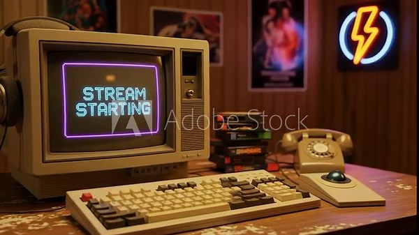 A retro 1980s computer setup with a vintage monitor keyboard and phone has a stream starting message on screen for a nostalgic youtube or twitch gaming channel