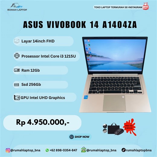 Toko Laptop Banjarnegara on Instagram: "#READYATRL Asus Vivobook 14 A1404ZA • Layar 14inch FHD (1920x1080) • ⁠Prosessor Intel Core i3 1215U • ⁠Ram 12Gb • ⁠Ssd 256Gb • ⁠GPU Intel UHD Graphics • ⁠Keyboard Backlight Rp 4.950.000,- ✅Fungsi All Normal ✅Kelengkapan Laptop Charger Free Tass ✅Bisa COD atau Antar Sampai Rumah Toko Laptop Terlengkap, Termurah, Terpercaya. Tersedia Ratusan Unit Laptop Second Bergaransi. Alamat 📌 Jembatan Merah Biru Depan Pasar Salak Banjarnegara. Google Maps 📍Rumah Lapto