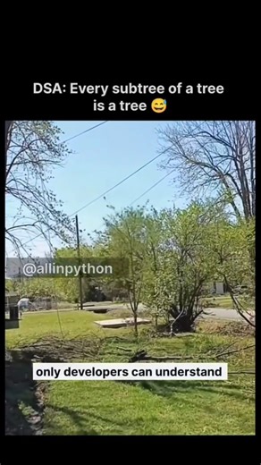 allinpython on Instagram: "Share with Your friends ✈️ . Every Subtree of a tree is a tree. . Follow us @allinpython for more information. . Comment your views 🔥 . Programming Meme, Programmer, Coder, Coding, Developers, Python Programming. . Keep supporting 💯 . . . ##reelsinstagram #python #learntocode #codingmemes developerlife"