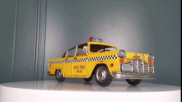 Retro Handmade Yellow NYC Classic Checkered Taxi Cab Model 11" L New York City Taxi Model Hand Made Metal Collectible Vehicle Model for Showcase Decor