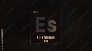 Einsteinium as Element 99 of the Periodic Table. Seamlessly looping 3D animation on grey illuminated atom design background with orbiting electrons. Design shows name, atomic weight and element number