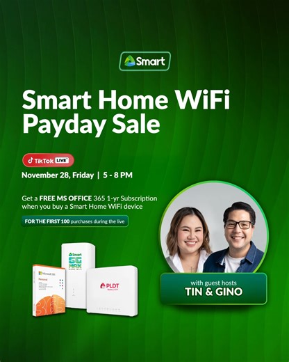 Join us on TikTok LIVE this coming PAYDAY, Smart Fam! 💸 Catch exclusive Smart Home WiFi deals with Tin Gamboa & Gino Quillamor on November 28, Friday, from 5 PM to 8 PM. See you there! 💚✨ | Smart Communications, Inc.