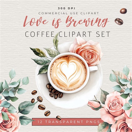 Love is Brewing Bridal Shower Clipart Set, Bridal Shower Coffee Clipart, Watercolor Cafe Aesthetic, Digital Download, Transparent Background - Etsy