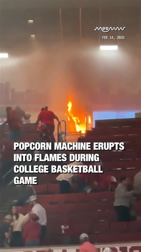 Popcorn Machine Erupts Into Flames During College Basketball Game A fire that erupted from a popcorn machine caused a brief delay during a college basketball game between the Oklahoma Sooners and the Georgia Bulldogs on Saturday, February 14. The blaze broke out at a concession stand in the first few minutes of the contest, spreading plumes of smoke inside the Lloyd Noble Center in Norman. Footage captured by Lydia Holder shows the inferno burning for a short period, before a sprinkler system ac