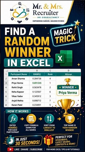 Pick a Random Winner in Excel | RANDOM Function Magic | Trick Excel Tips #spreadsheetmagic