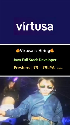 Lets Get Hired on Instagram: "Backend logic. Frontend experience. One strong full-stack role. 🧠⚙️ 💼 Virtusa is hiring Java Full Stack Developers — Freshers & Experienced Eligible If you enjoy Java, Spring, REST APIs, and modern frontend frameworks → this role gives you enterprise exposure at scale. 📩 Comment “VIRTUSA JAVA” and I’ll DM you the apply link + full role details 🔗 Or tap link in bio to apply instantly Build systems used by global clients. 👉 Follow for more full-stack & Java roles