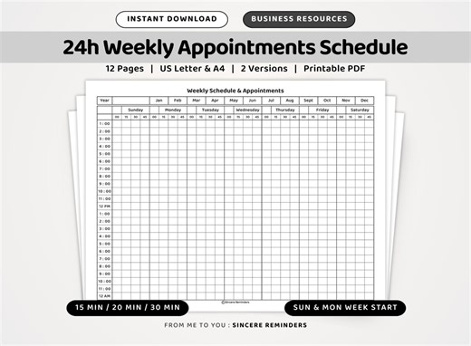 24 Hour Weekly Appointment Schedule Tracker : Printable Hourly Planner, Sunday and Monday Start, 15/20/30 Min Increments (A4/US Letter PDF) - Etsy UK
