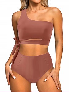 MOSHU One Shoulder Womens Bikini Sets High Waisted Bathing Suits for Women Tie High Cut Swimsuits