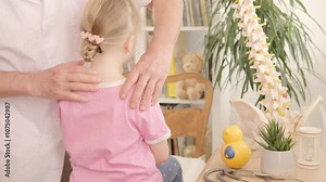 male Orthopedist doctor conducts spinal examination child, young girl shows signs scoliosis, spine deformity, healthcare provider, spine inspection, health check, spinal exam