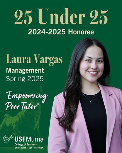 Meet Laura Vargas, one of the 2025 University of South Florida Muma College of Business 25 Under 25 Award honorees.🏆 As president of Women in Business, Laura Vargas leads USF’s largest women-run student organization, hosting events that empower over 950 members through professional development and mentorship. Passionate about uplifting women in the workplace, she frequently collaborates with top firms like Goldman Sachs. Beyond leadership, she serves as the lead tutor at USF’s SmartLab, supervi