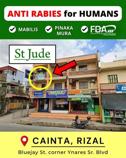 Mabilis, Pinaka Mura, Subok Na 👍 📌 CAINTA, RIZAL Anakpawis Floodway Bluejay St. corner Ynares Sr. Blvd OPEN EVERYDAY 8:30AM to 5:30PM St. Jude Animal Bite Center Affordable Rates, Trusted Care With 15 Branches Nationwide! ✅ FDA Approved, WHO Qualified & Authentic Vaccines ✅ Licensed & RITM Trained Doc & Nurses ✅ Free Consultation ✅ Pinaka Mura ✅ Mabilis, Tapos in 30 Minutes! ⚠️MAGPABAKUNA IN 24 HOURS⚠️ Dog Cat Bite or Scratch First Aid ✔ Wash the wound immediately with soap and running water f