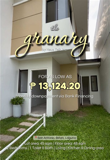 MOST AFFORDABLE SINGLE ATTACHED IN BIÑAN, LAGUNA! 🏡 The Granary - Amara Unit 🏡 📍San Antonio, Biñan, Laguna 🚘 Accessible via Mamplasan and Carmona Exit - 1 hr travel from One Ayala Makati 🏢 Commercial Establishments, SM Sta Rosa, Pavilion Mall, Robinson Sta. Rosa, Puregold Biñan, Savemore Market 🏥 Biñan Doctor's Hospital, Perpetual Help Medical Center 📚 University of Perpetual Help Laguna House features: Semi-complete Turn-over Min. Lot Area: 45sqm Floor Area: 48 sqm ✅2 bedrooms ✅1 toilet 