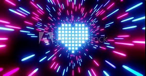 Abstract neon light streaks background with heart dot strip. Neon light wave and lines move in space. Futuristic background. Neon space. 3D 4K loop animation