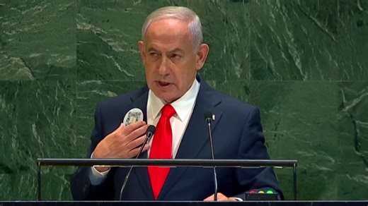 Netanyahu wears QR code pin for October 7 remembrance during U.N. speech