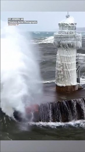 Icy Lighthouse Gets Swallowed by Monster Waves