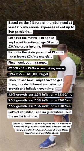 Let me clarify the 25x rule - more commonly known as the 4% “RULE”. First, it’s not really a rule - more of a guide. It’s based on research from across the pond (USA) - it’s not UK specific. Based on historic returns (which are not necessarily indicative of future returns), provided you do not draw more than 4% per year from your investment, it’s likely going provide you that level of income, accounting for inflation for the duration of retirement. But LOTS of assumptions around investments etc 