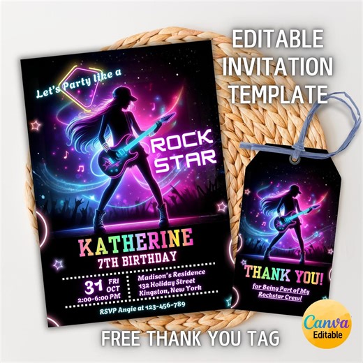 Editable Rock Star Party Invitation, Rock-themed Invite for Girls, Music Theme Party Invite, Tween Teen Birthday Invite, Canva Template - Etsy UK